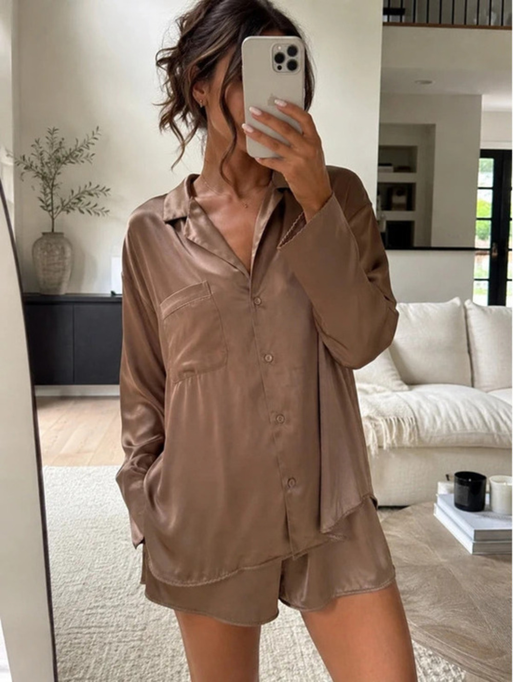 SKIMS Silky Woven Shine Pajama Sleep Top – Brown – Button Front – NWT